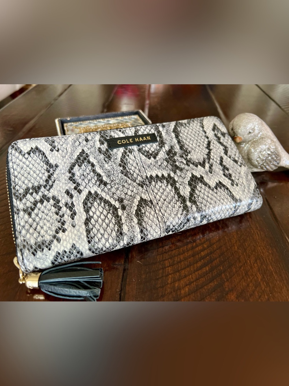 Cole Haan Snake Print Zip Around Continental Wallet Black White Faux Python - Picture 2 of 8